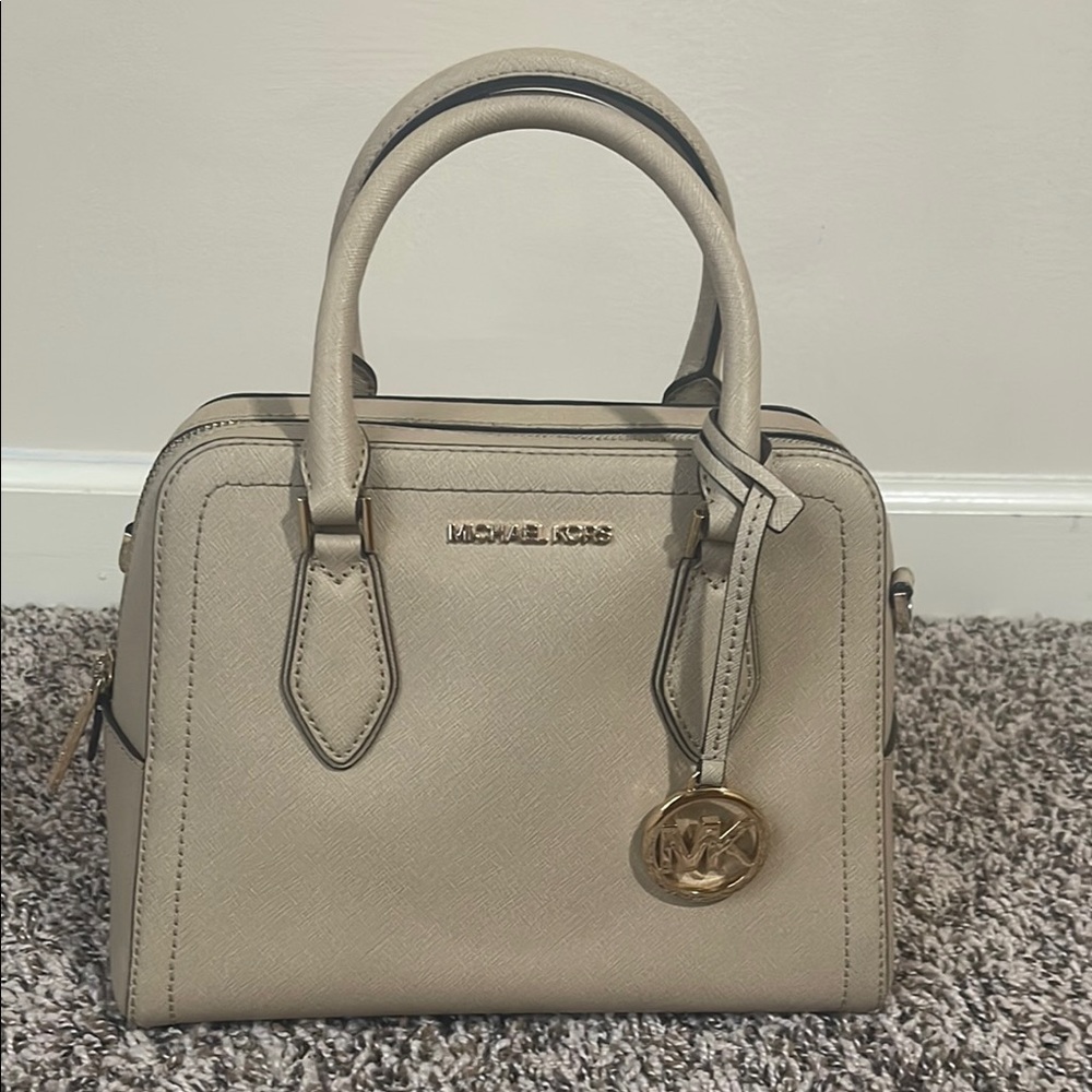 Light Beige Michael Kors Satchel with Rolled Handles and Gold Hardware